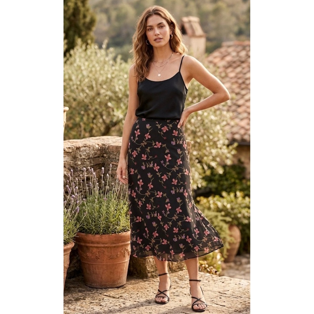 Norton McNaughton Floral Maxi Skirt Womens 6 Black Pink 90s Vintage Chiffon Slit